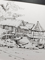 Картина, графика в паспарту 21х30 см на стену для интерьера "Хижины на сваях"