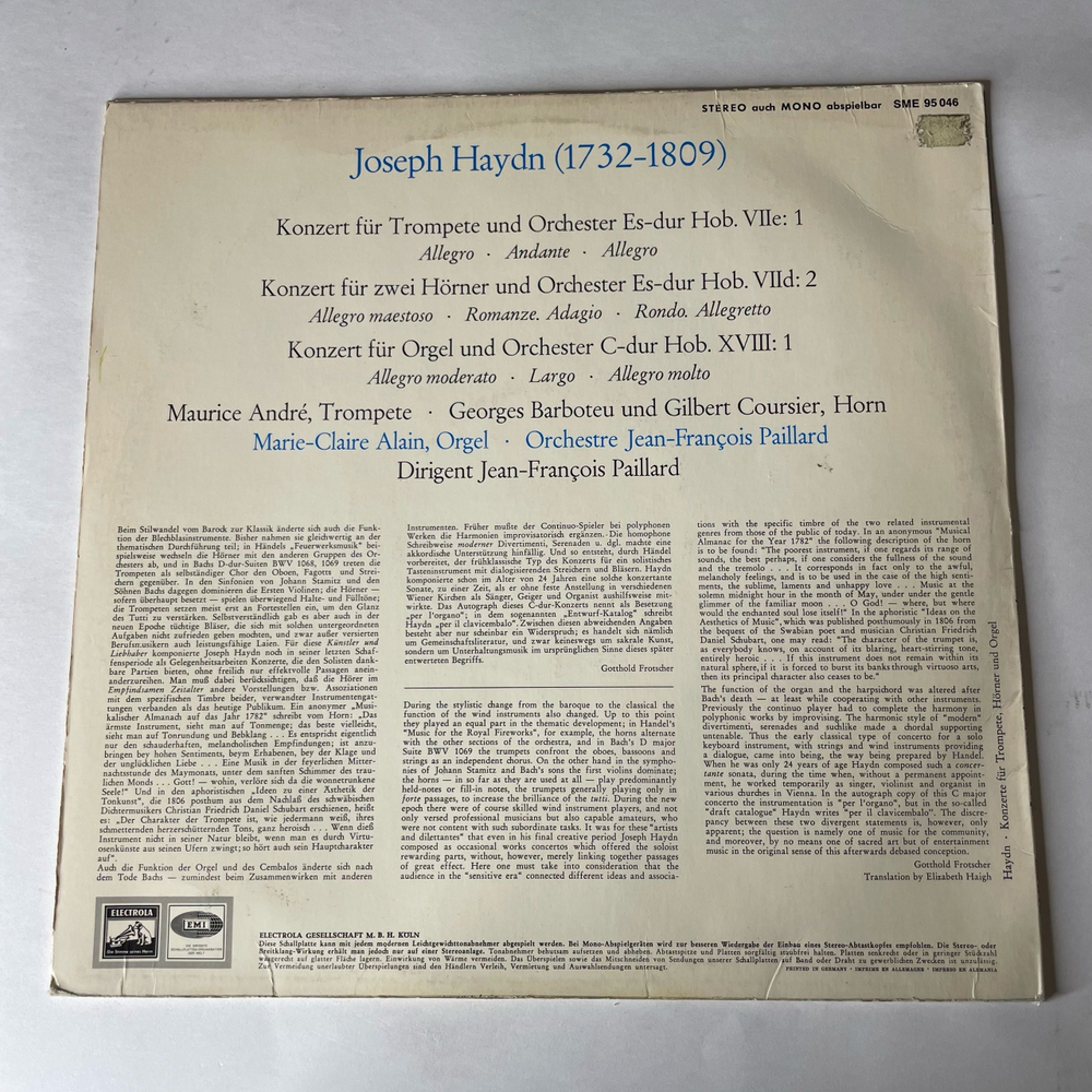 Винтажная виниловая пластинка LP J. Haydn Йозеф Гайдн, Georges Barboteu, Gilbert Coursier, Konzert Fur Trompete Es dur, Konzert Fur 2 Horner Es dur (Германия 1977)