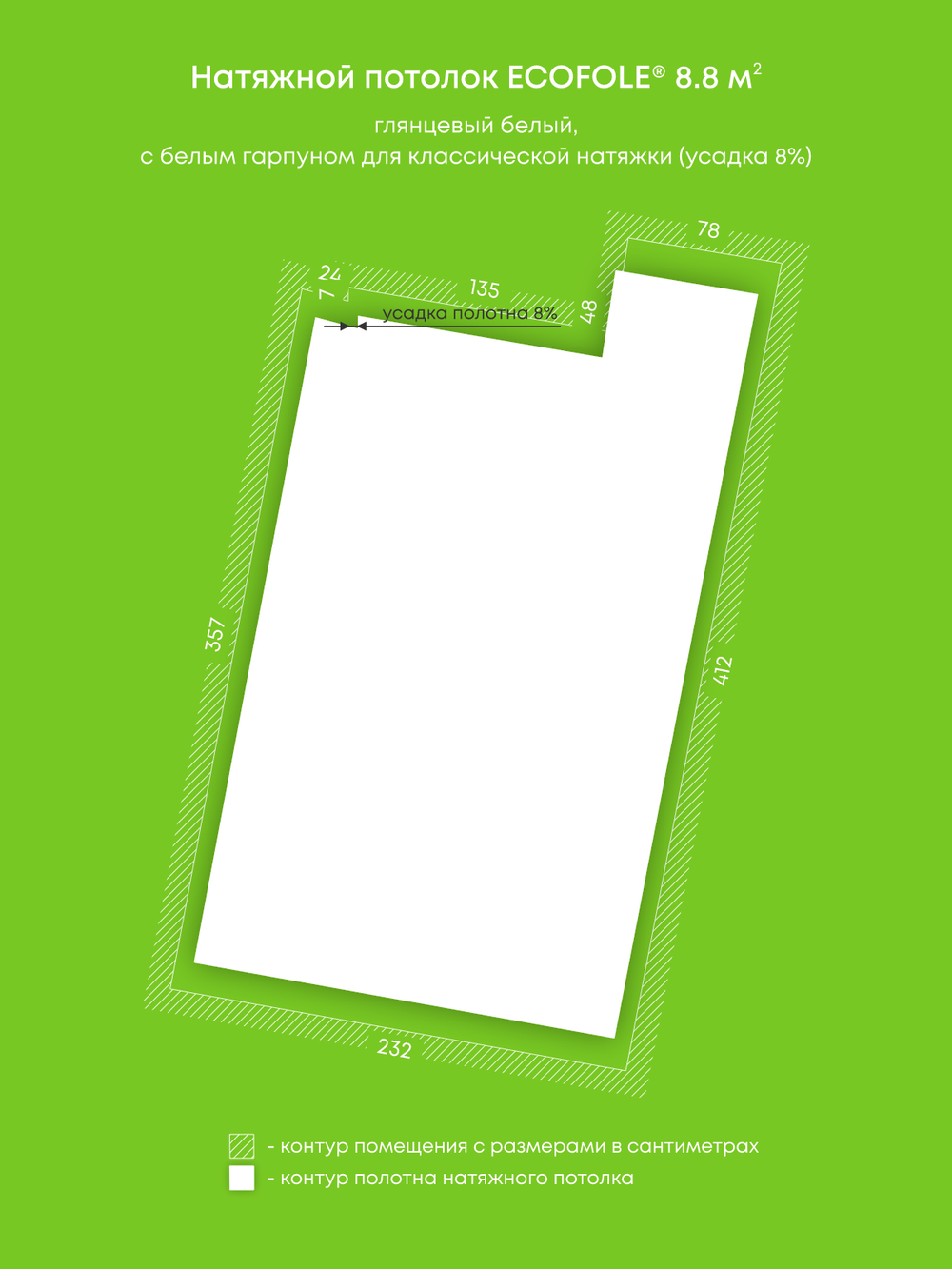 Глянцевый натяжной потолок 8.8 м2