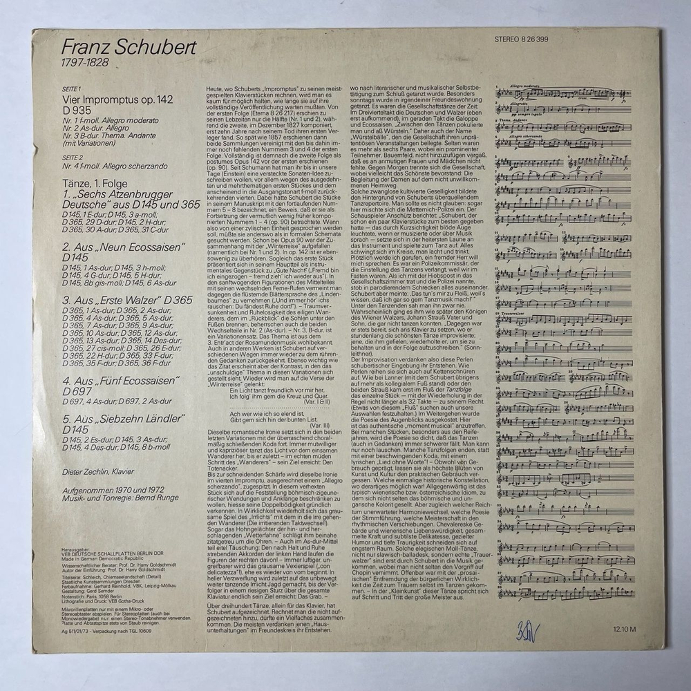 Винтажная виниловая пластинка LP Schubert, Шуберт, Dieter Zechlin Impromptus Op. 142 Tanze (ГДР 1973) ETERNA