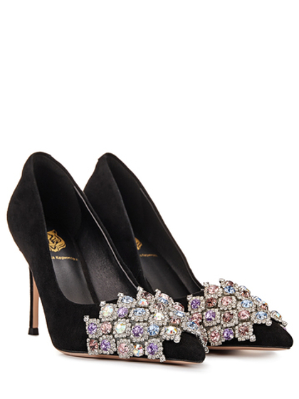 Женские замшевые туфли черные с камнями