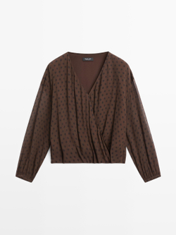 Massimo Dutti Блуза из струящейся ткани внахлест с узором в горошек, коричневый