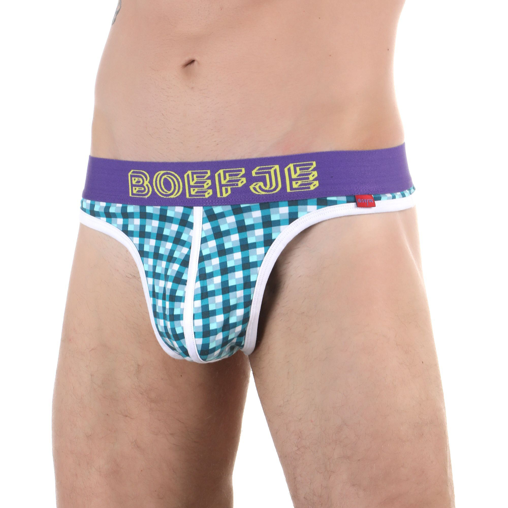 Бирюзовые клетчатые трусы-тонги с брендированным поясом (Размер: M) (Цвет: бирюзовый)