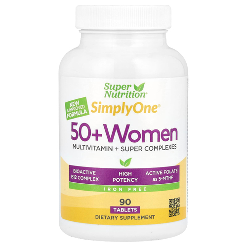 Super Nutrition, SimplyOne®, мультивитамины и суперкомплексы для женщин старше 50 лет, с витаминами A и C, минералами и растительными компонентами, без железа, 90 таблеток