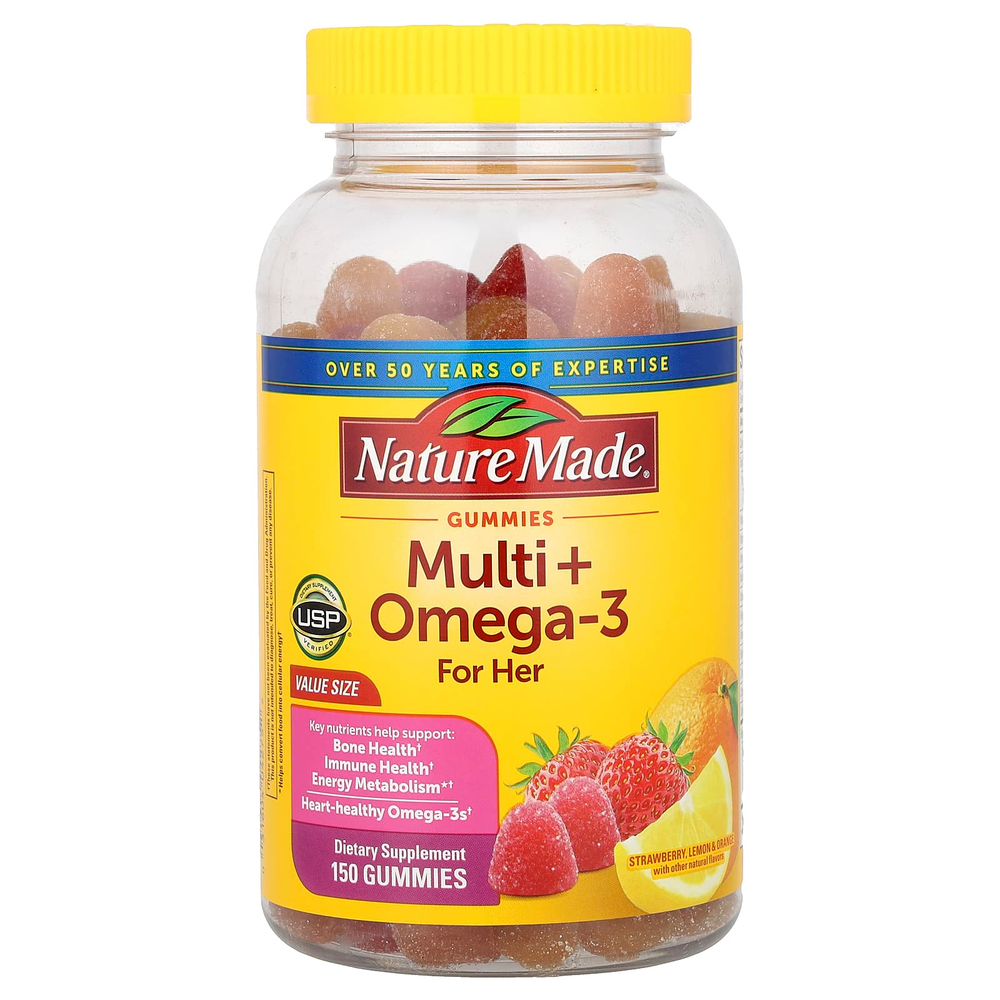 Nature Made, мультивитамины + омега-3, для нее, со вкусом клубники, лимона и апельсина, 150 жевательных таблеток
