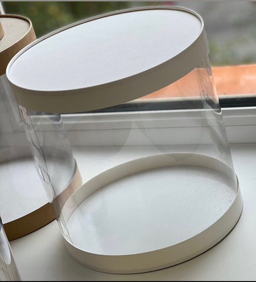 Коробка для торта прозрачная ТУБУС диам.300 выс.250 (белая) НОВЫЙ ДИЗАЙН