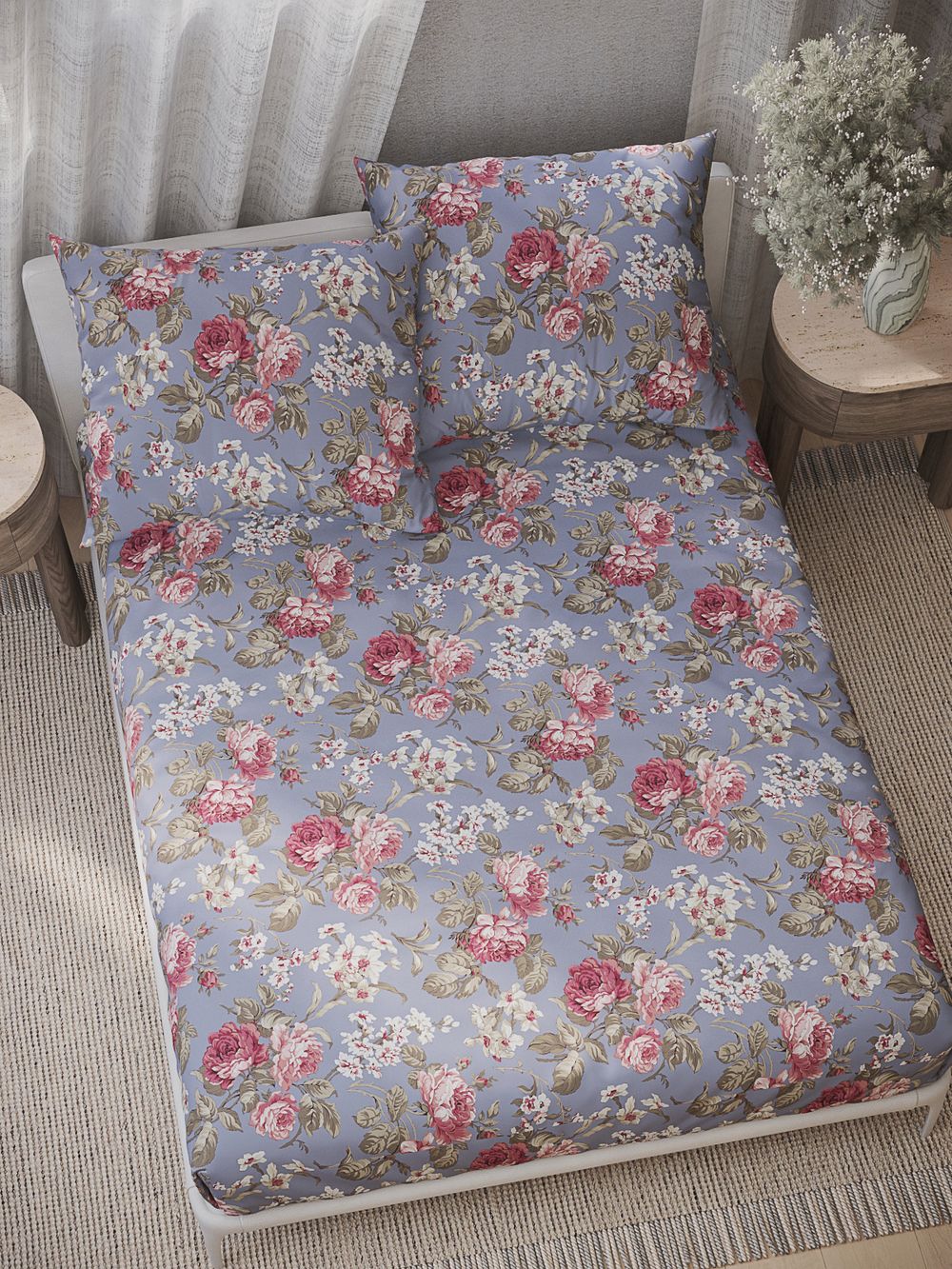 Постельное белье перкаль Сказка "Прохоровская роза" 1,5-сп Наволочка 50х70 см 1 шт Простынь на резинке 90x200 см Пододеяльник 145x215 см