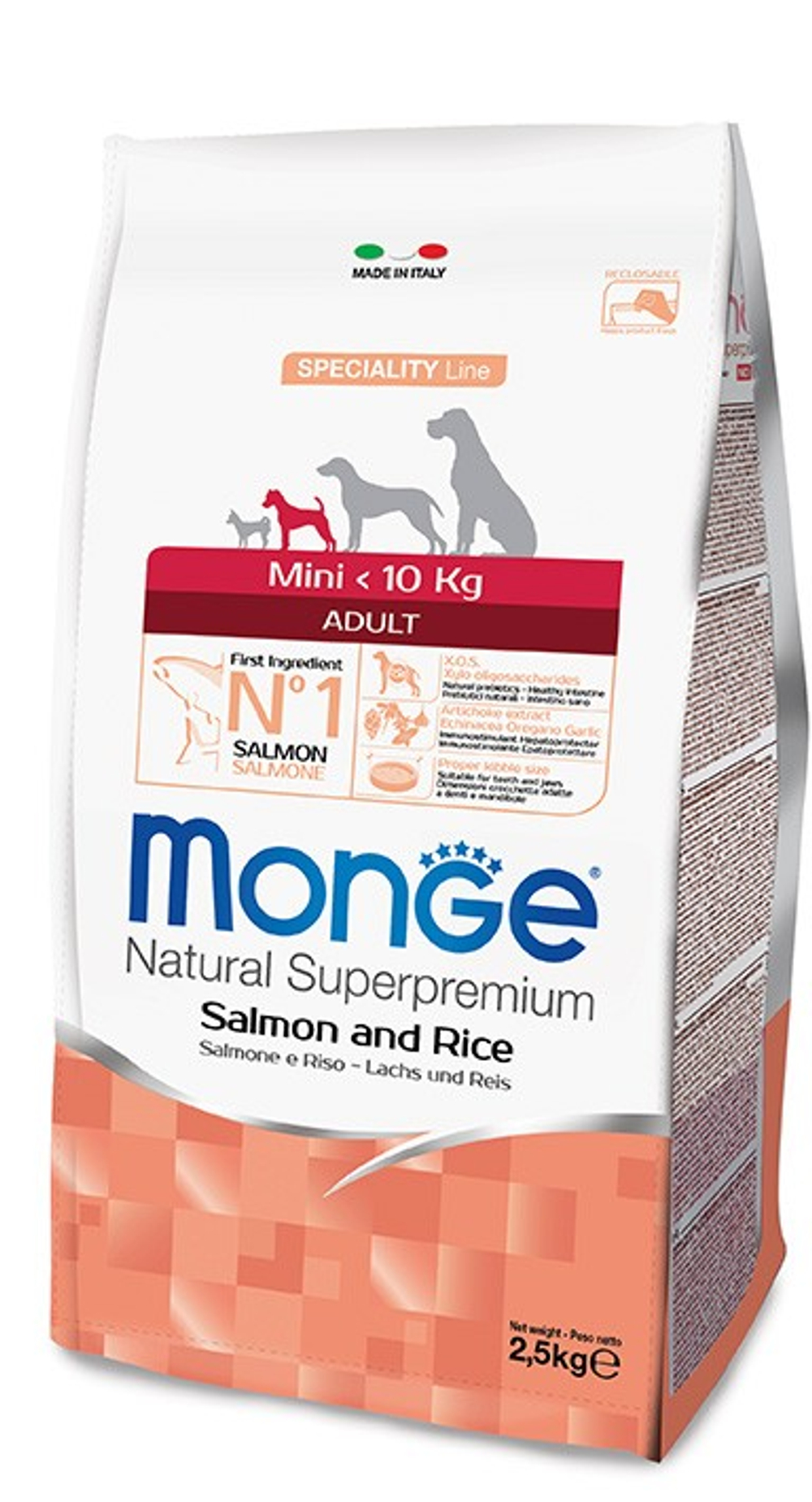 MONGE MINI ADULT Сухой корм для взрослых собак мелких пород с лососем и рисом, 2,5 кг.