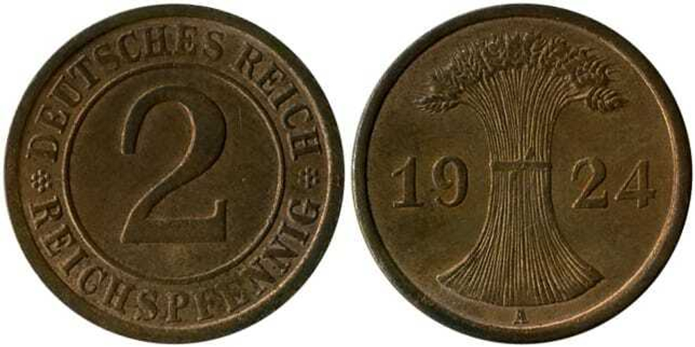 Германия - Веймарская республика, 2 рейхспфеннига 1924-1936 XF