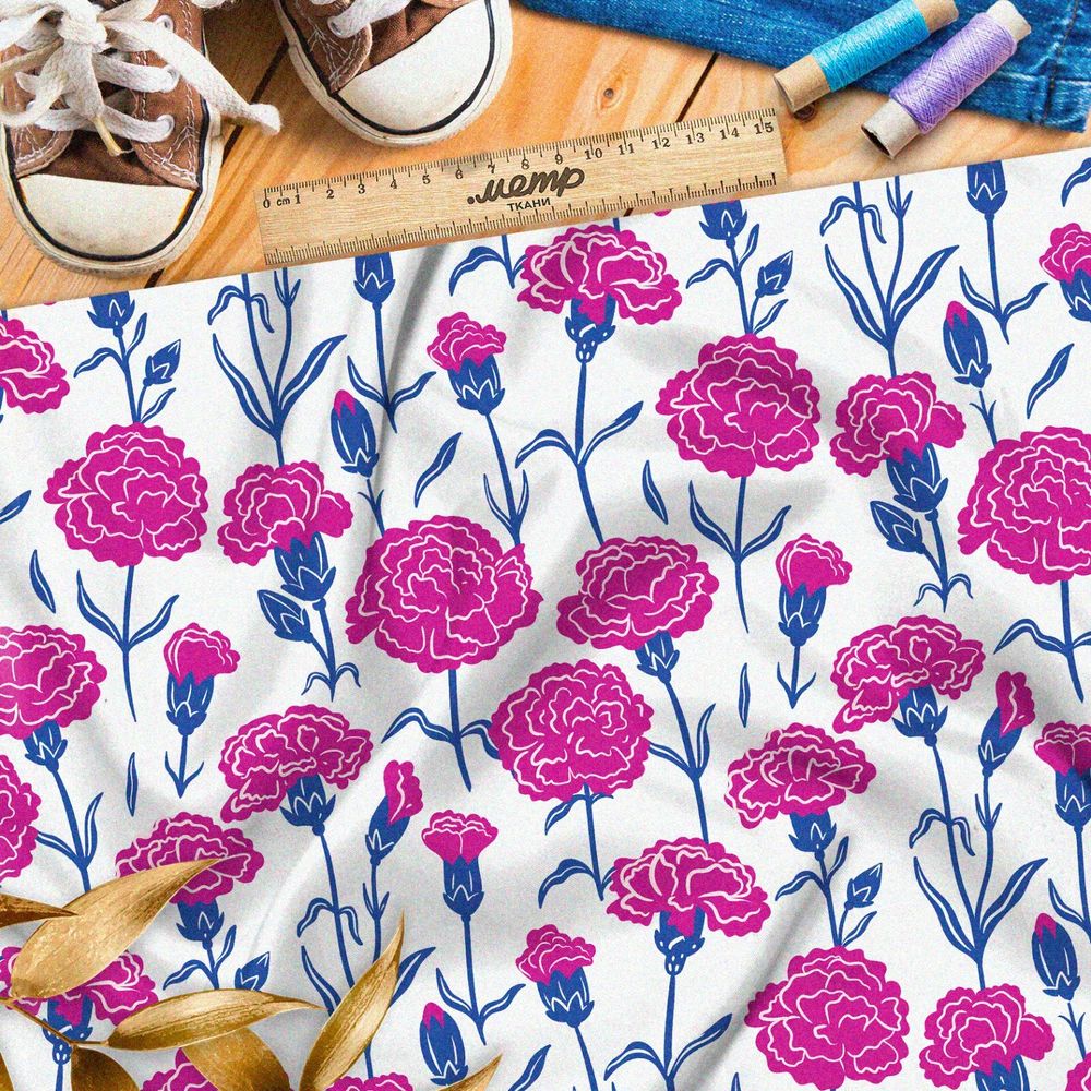 Ткань лён мелкие розовые гвоздики на белом фоне