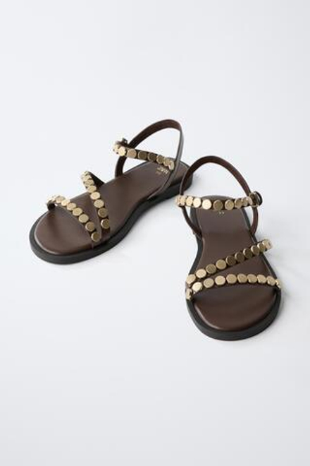 ZARA БОСОНОЖКИ С ЗАКЛЕПКАМИ, КОРИЧНЕВЫЙ