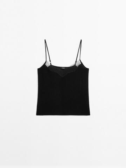 Massimo Dutti Топ в бельевом стиле с отделкой кружевом, черный