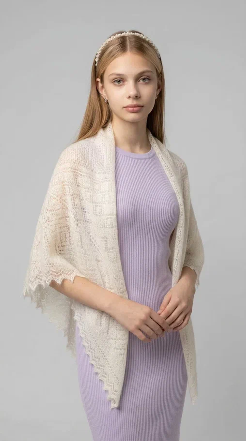 Оренбургский пуховый платок-паутинка А120-02 экрю