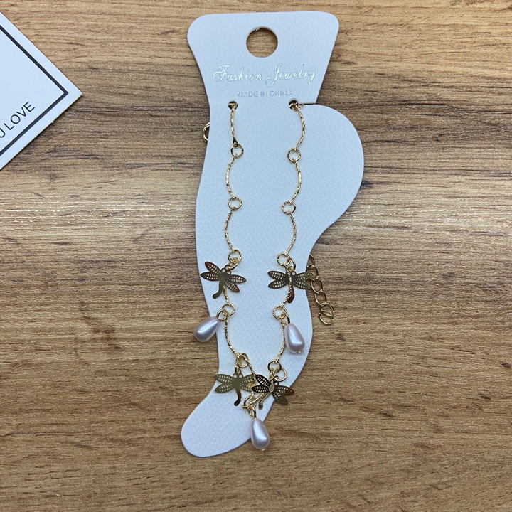 Браслет на ногу палочки подвески Стрекоза жемчужинка капля металл золотистый