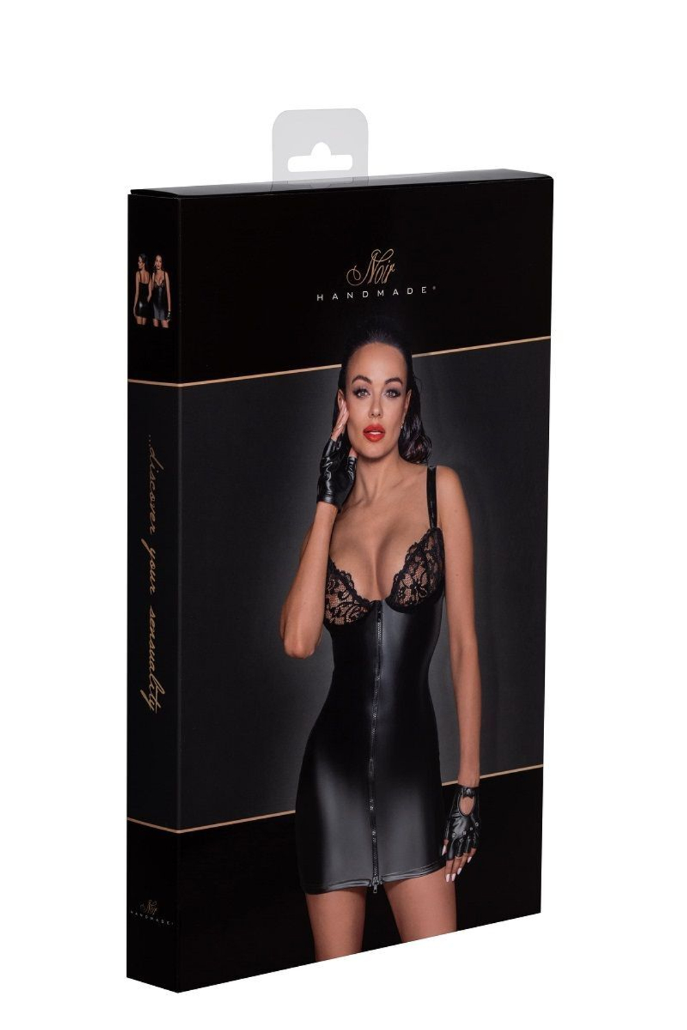 Мини-платье с кружевным лифом и двусторонней молнией Powerwetlook mini-dress with lace chest and 2-way zipper (Размер: L) (Цвет: черный)