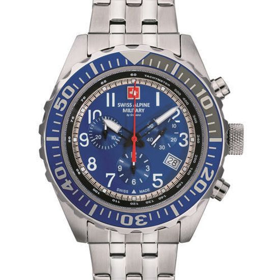 С браслетом Мужские наручные часы с серебряным браслетом Swiss Alpine Military 7076.9135 chrono 44mm 10ATM