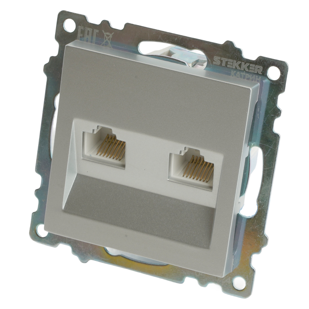 Розетка компьютерная 2-местная RJ-45 (механизм) STEKKER GLS00-7109-03 , серия Катрин, серебро 50005