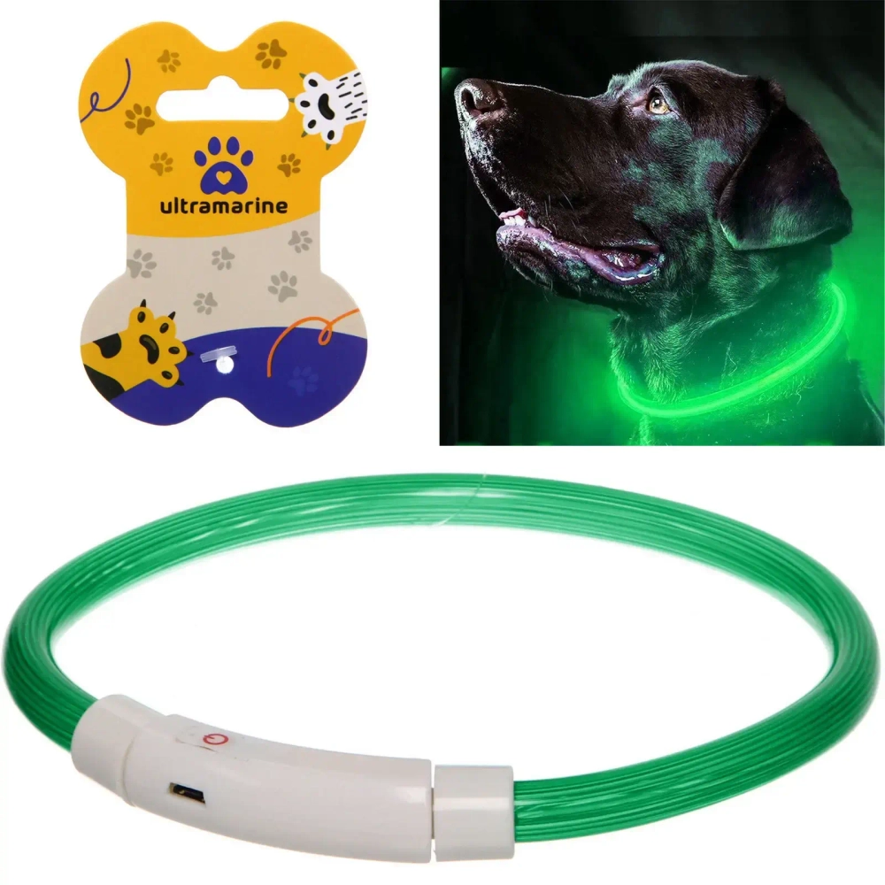 Ошейник неоновый для собак средних пород «Защита Бро», цвет зеленый, зарядка от USB, шнур в комплекте, размер M - d 50см (пакет с подвесом)✦