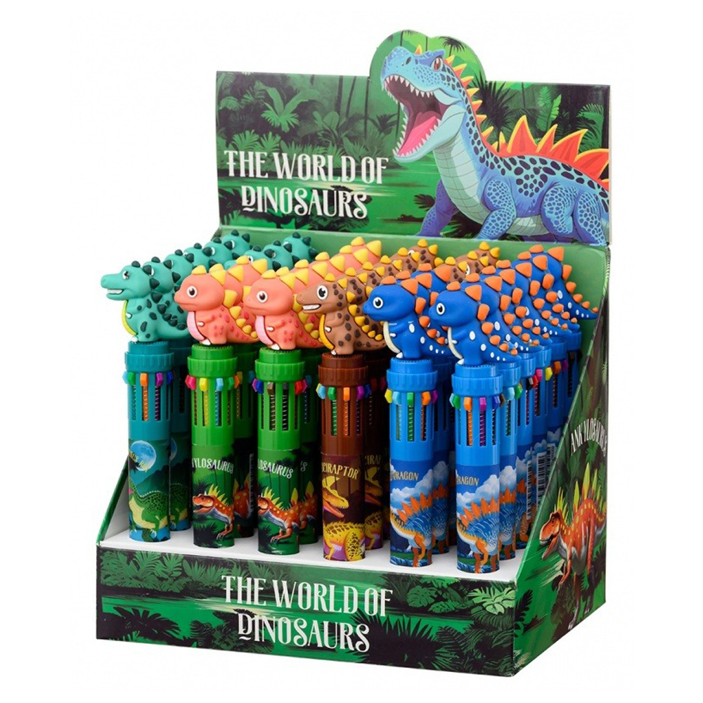 Ручка шариковая, автоматическая, 10в1, Basir, серия "Динозавр", 10-ти цветная, с резиновой фигуркой, 36 шт