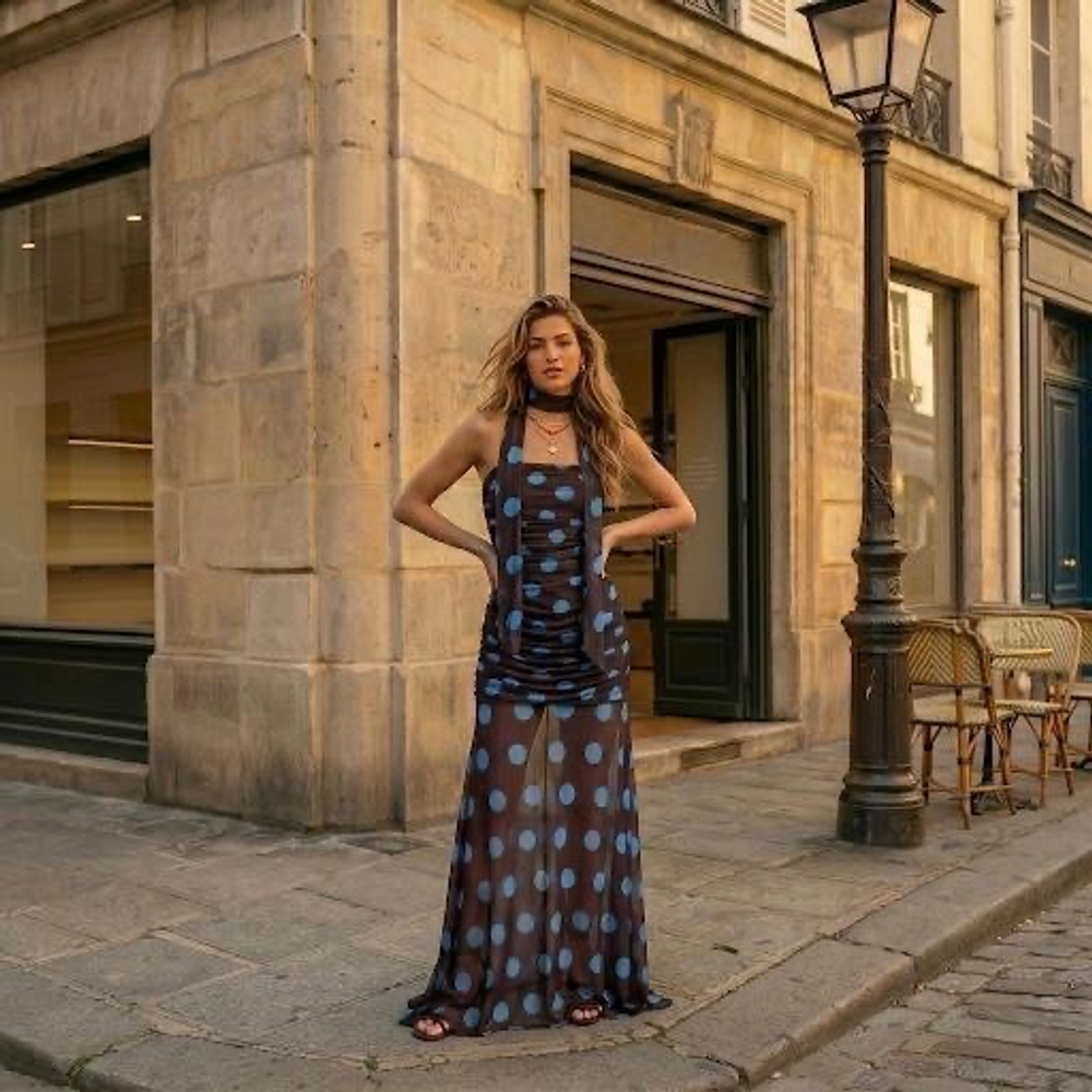 Платье шифоновое в макси длине в горошек