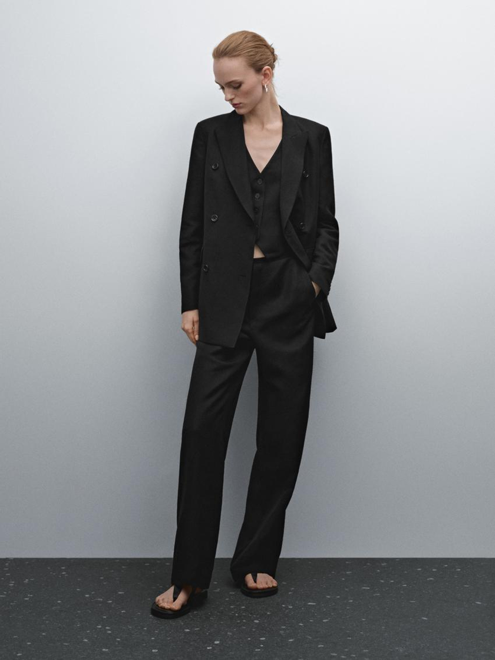 Massimo Dutti Двубортный пиджак из смесового льна, черный