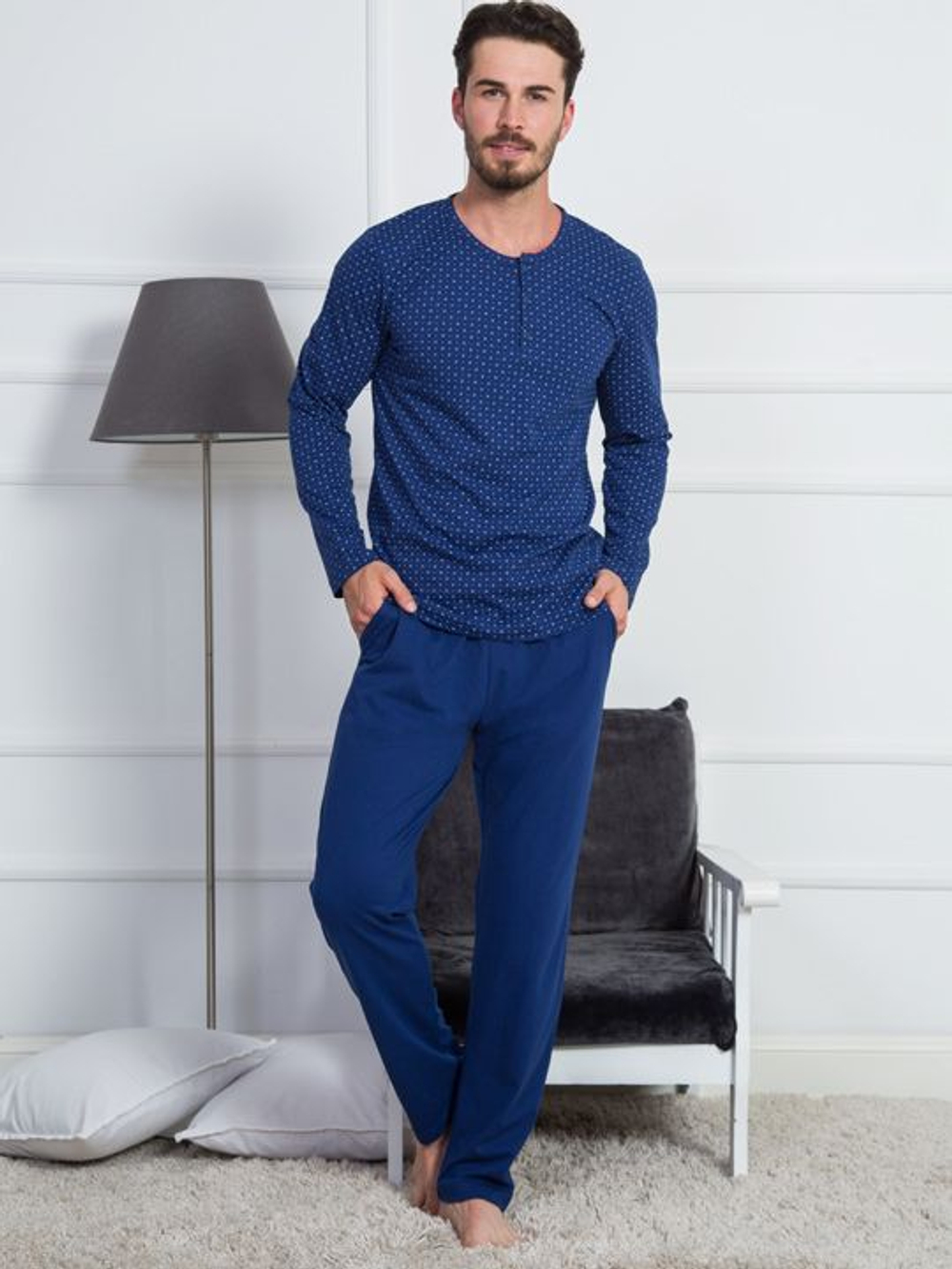 Мужская пижама с футболкой на пуговицах (Размер: XXL) (Цвет: темно-синий)