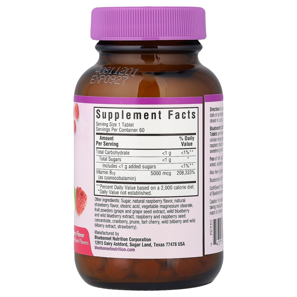 Bluebonnet Nutrition, Earth Sweet®, жевательные таблетки, витамин B12, малина, 5000 мкг, 60 жевательных таблеток
