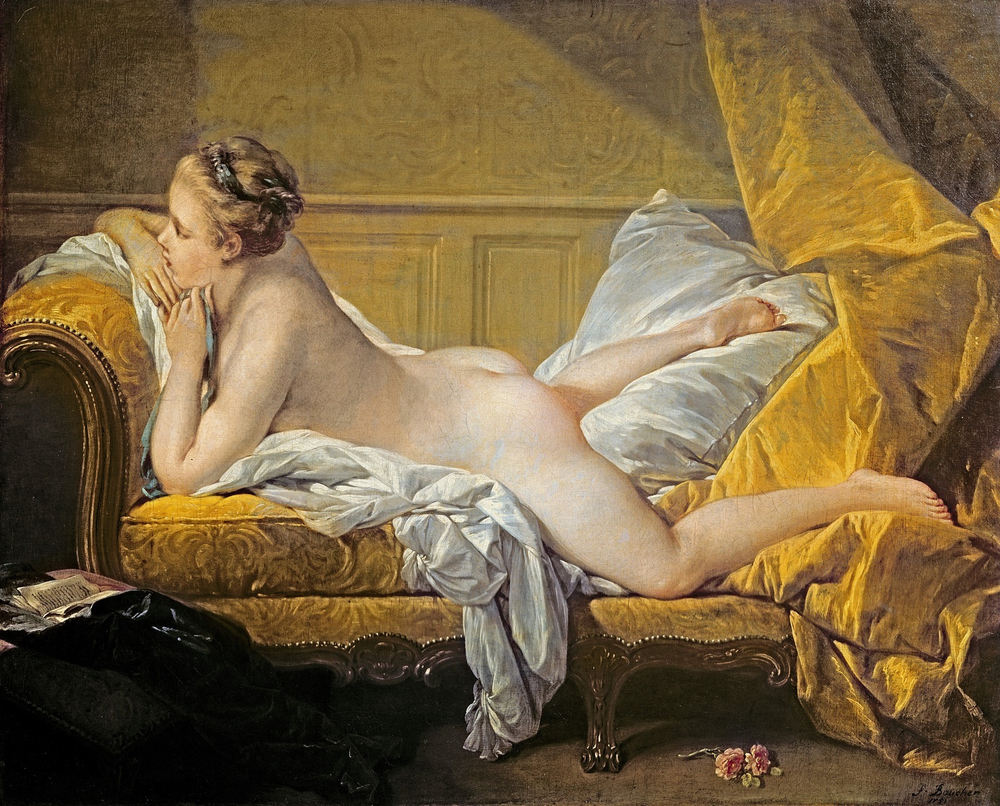 Франсуа Буше. 1751. Белокурая одалиска (Портрет мадмуазель Луизы О'Мерфи (The Blonde Odalisque, also known as Portrait of Marie-Louise O'Murphy). 59.5 х 73.5. Холст, масло. Кёльн, Вальрафа-Рихарца.
