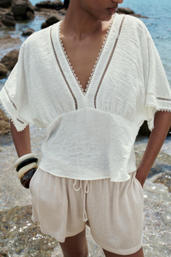 ZARA ТОП С КРУЖЕВОМ, БЕЛЫЙ