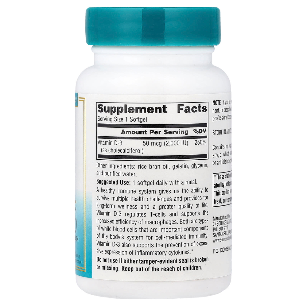 Source Naturals, Wellness, витамин D3, 50 мкг (2000 МЕ), 200 мягких таблеток