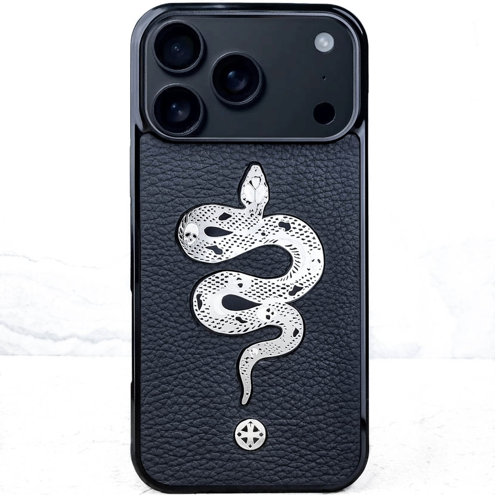 Эксклюзивный чехол iPhone со змеей из ювелирного сплава - Euphoria HM Premium - натуральная кожа, стильный чехол, модный