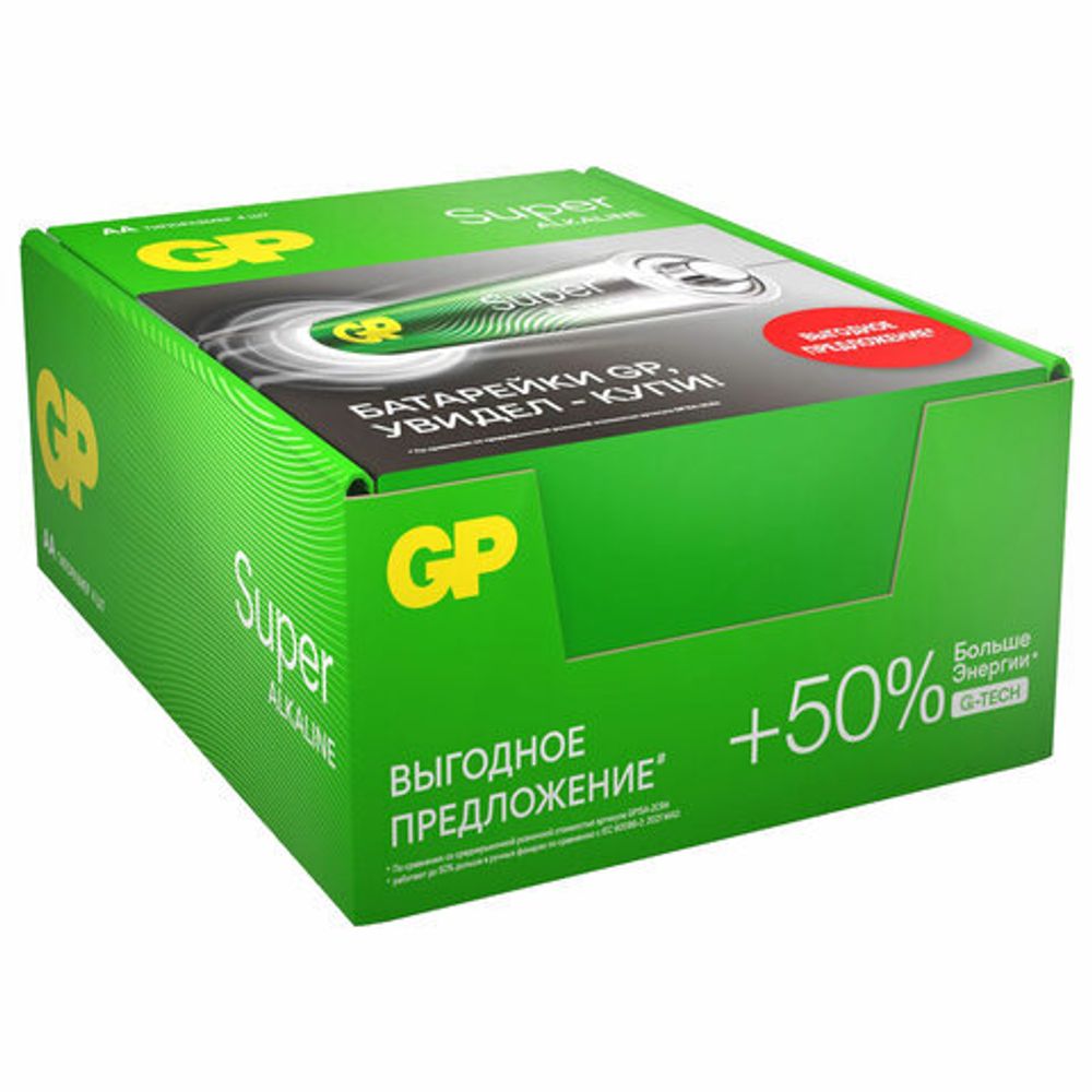 Батарейки КОМПЛЕКТ 4 шт. GP Super G-Tech AA (LR06, 15А), алкалиновые, пальчиковые, в пленке, 15AA21RA, 15ARS-2SB4