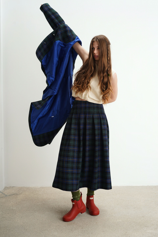 Юбка-колокол из смесовой шерсти, сине-зеленая клетка