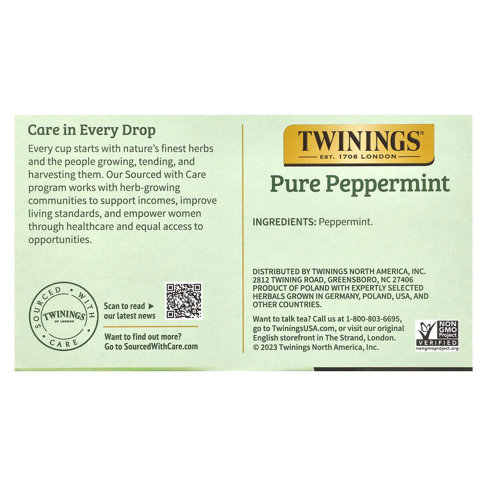 Twinings, Pure Herbal Tea, чистая перечная мята, без кофеина, 50 чайных пакетиков, 100 г (3,53 унции)
