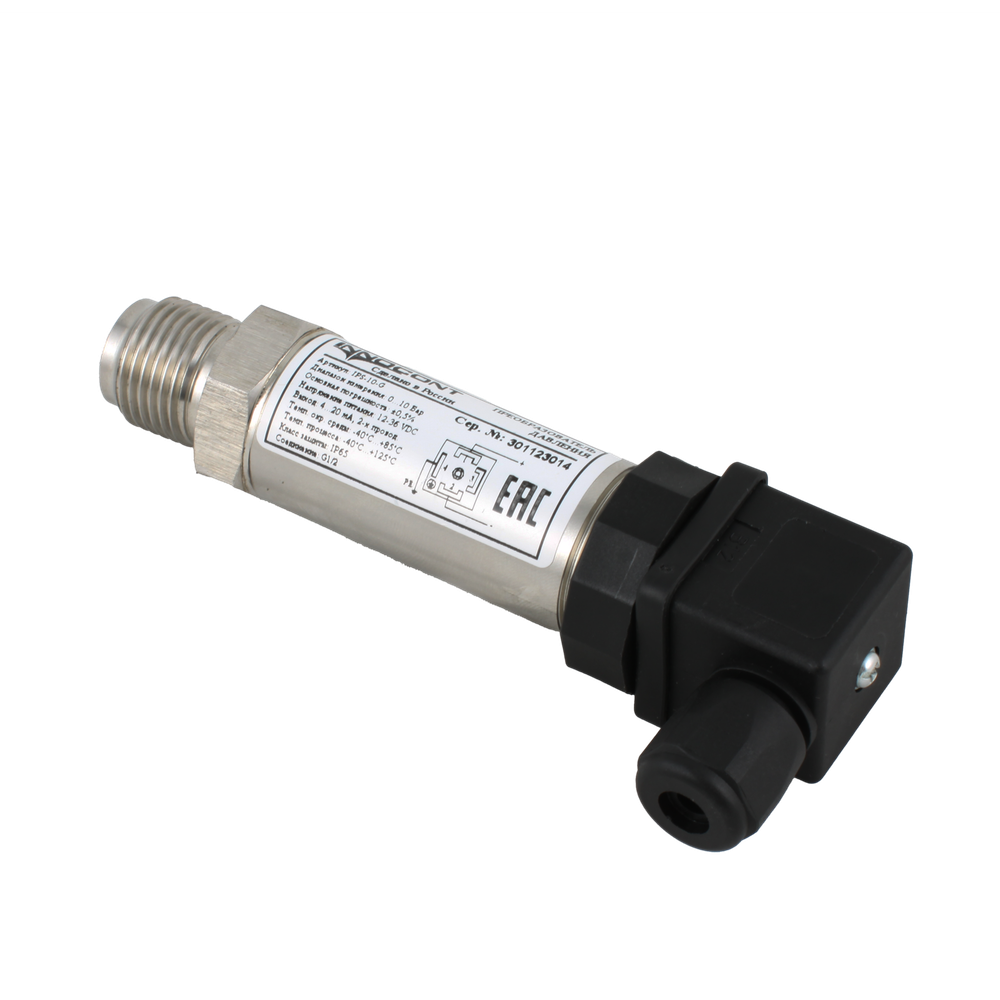 Преобразователь давления INNOCONT IPS-10-G, диапазон 0...10 бар, точность 0,5%, -40 +125 С, 12-36 VDC, IP65, разъем DIN