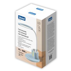 ULM-D150 15W-3000-6500K-DIM BLUE Светильник настольный светодиодный с подставкой под телефон и канцелярские принадлежности. С ночной подсветкой. Сенсорный выключатель. Диммер. Голубой. TM Uniel