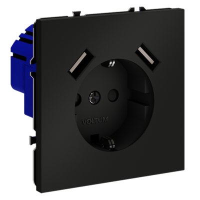 Розетка встраиваемая VOLTUM S70 с заземлением и защитными шторками, 16А, с USB, A+A, (черный матовый)
