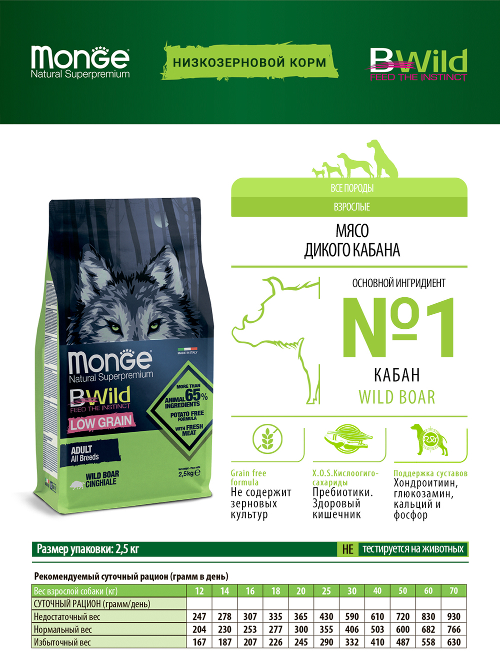Сухой корм Monge Dog BWild LOW GRAIN, для взрослых собак, низкозерновой, из мяса дикого кабана 2,5 кг