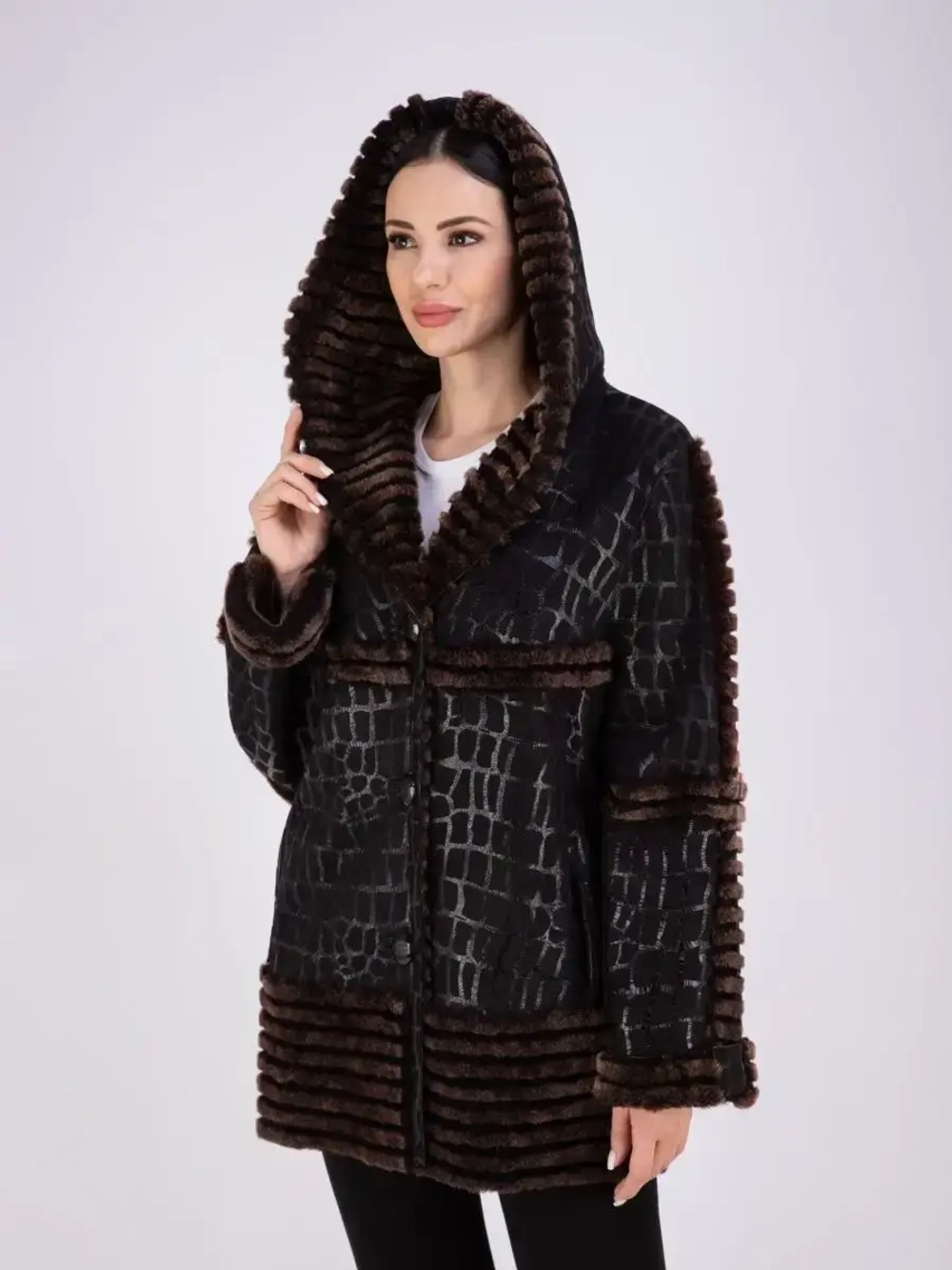 Дубленка женская натуральная с капюшоном оверсайз Турция