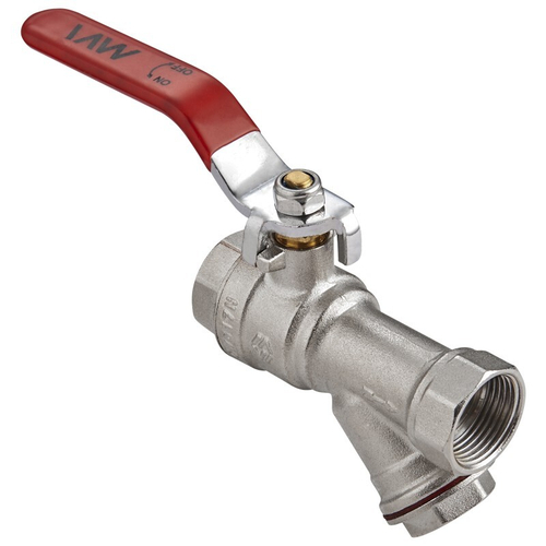 Кран латунный шаровой MVI BV.631, DN 20, PN 25, с фильтром, никелированный, полнопроходной, муфта-муфта, рычаг