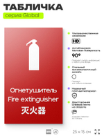 Табличка Огнетушитель, на дверь и стену, информационная и мультиязычная (русский, английский, китайский), серия GLOBAL, 25х15 см, Айдентика Технолоджи