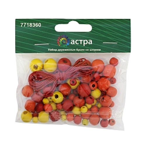 Набор деревянных бусин со шнуром (6,8,10,12мм), 90шт, красный микс, Astra&Craft