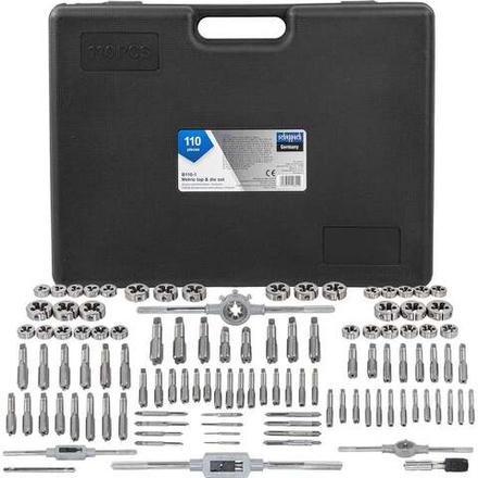 Набор метчиков и плашек Scheppach 110 предметов (2x0.4,3x0.5,4x0.7,5x0.8,6x0.75-1,8x0.75-1,25,9x0.75-1.25,10x0.75-1.5,11x0.75/1/1.25/1.5, 12x0.75-1.75,14x1-2,16x1-2,18x1.5) Sch-B110-1(64908)