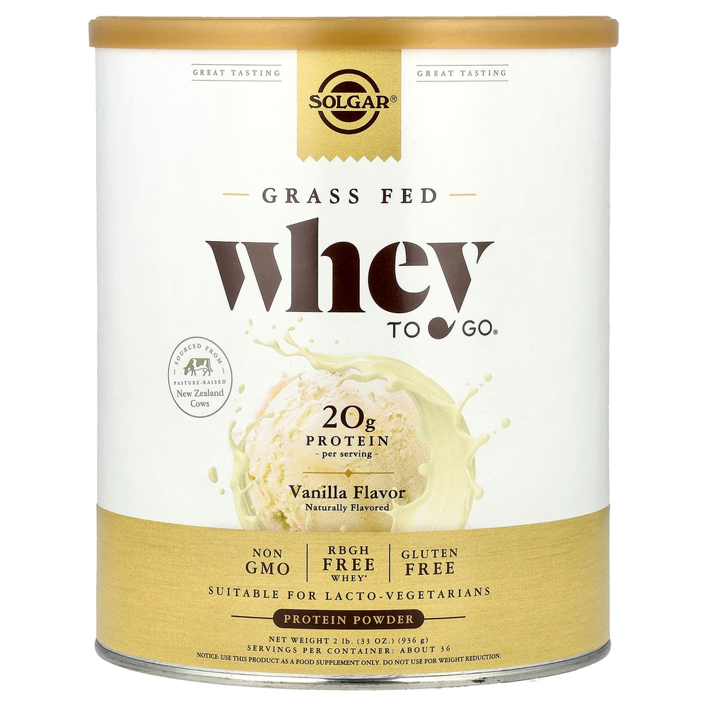 Solgar, Whey To Go®, протеиновый порошок от коров травяного откорма, ваниль, 936 г (2 фунта)