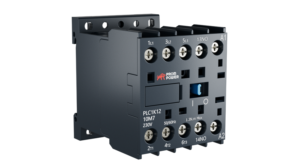 Миниконтактор Prompower PLC1K1210M7 серии Pulse, ток 12А, 3 полюса, доп контакт 1НО, катушка 230AC