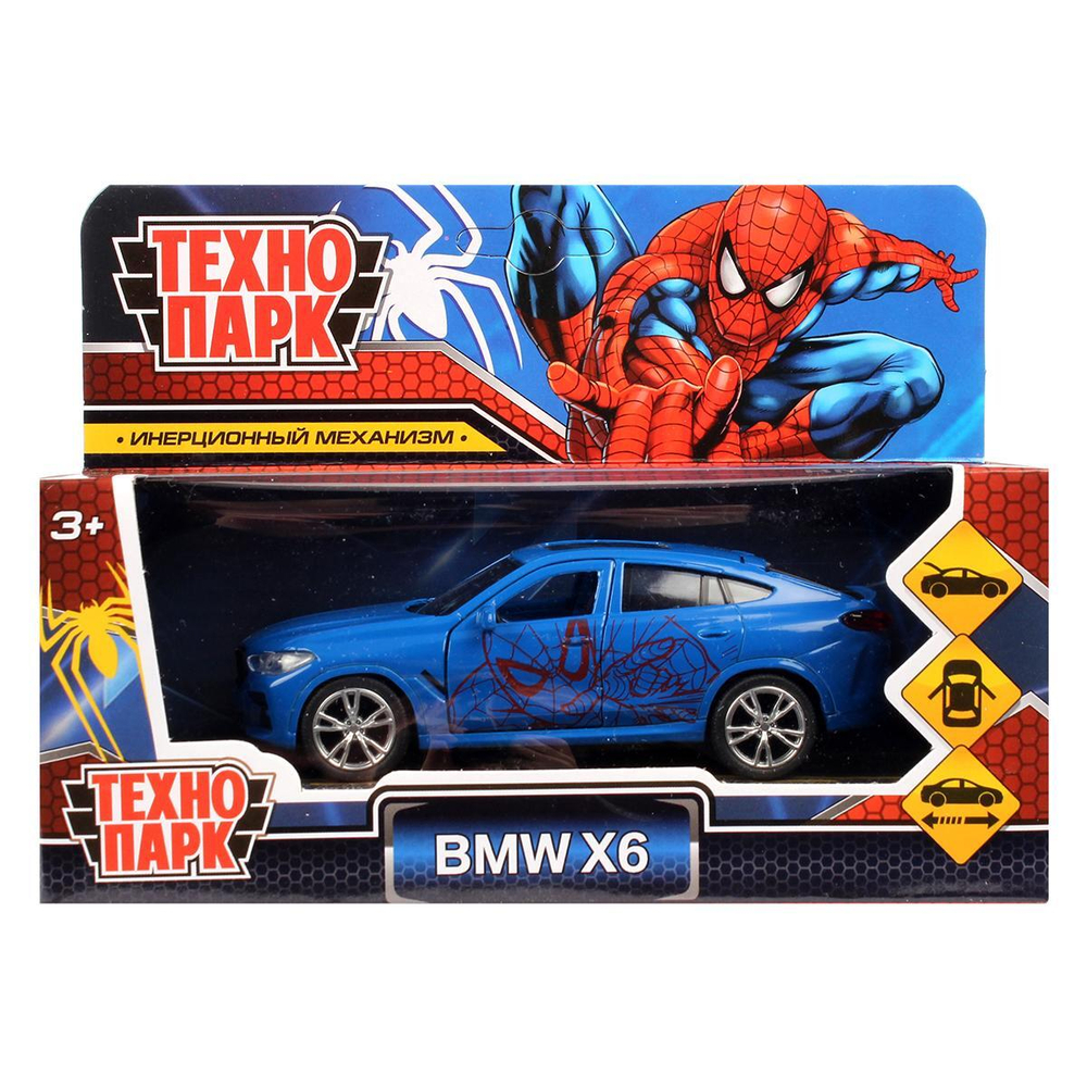 Модель ин. мет. "BMW X6 Спайдермен" 12см, двери, багаж, синий, коробка X6-12-SM-BG (Технопарк)