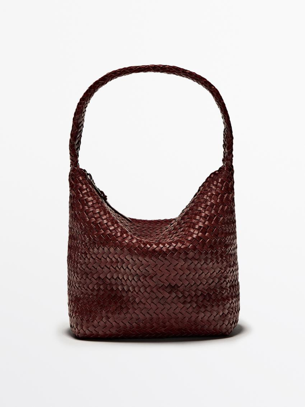 Massimo Dutti Сумка-мешок из кожи наппа с плетеным узором, бордо