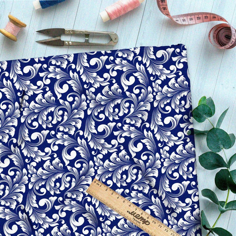 Ткань дюспо симметричный крупный узор гжели на синем фоне