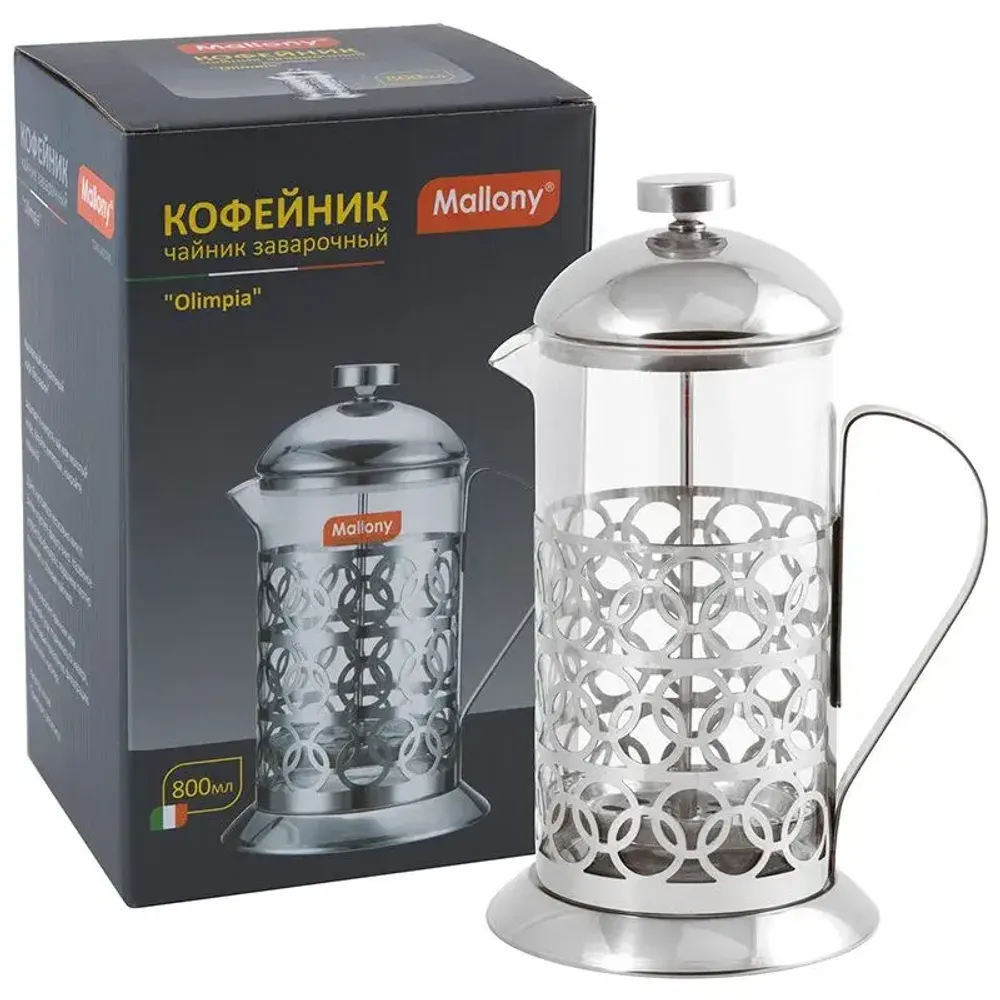 Чайник/кофейник (кофе-пресс) OLIMPIA, 800 мл, из жаропрочного стекла, в корп из нерж ст, T