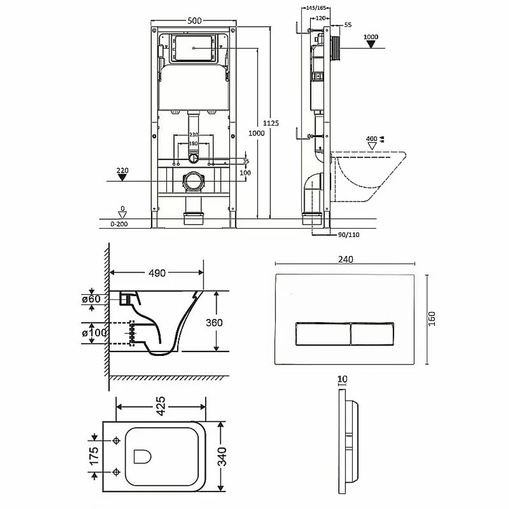 Унитаз подвесной Orange CI02-100W+APB244 безободковый, с крышкой микролифт, с инсталляцией, белый/кнопка черная